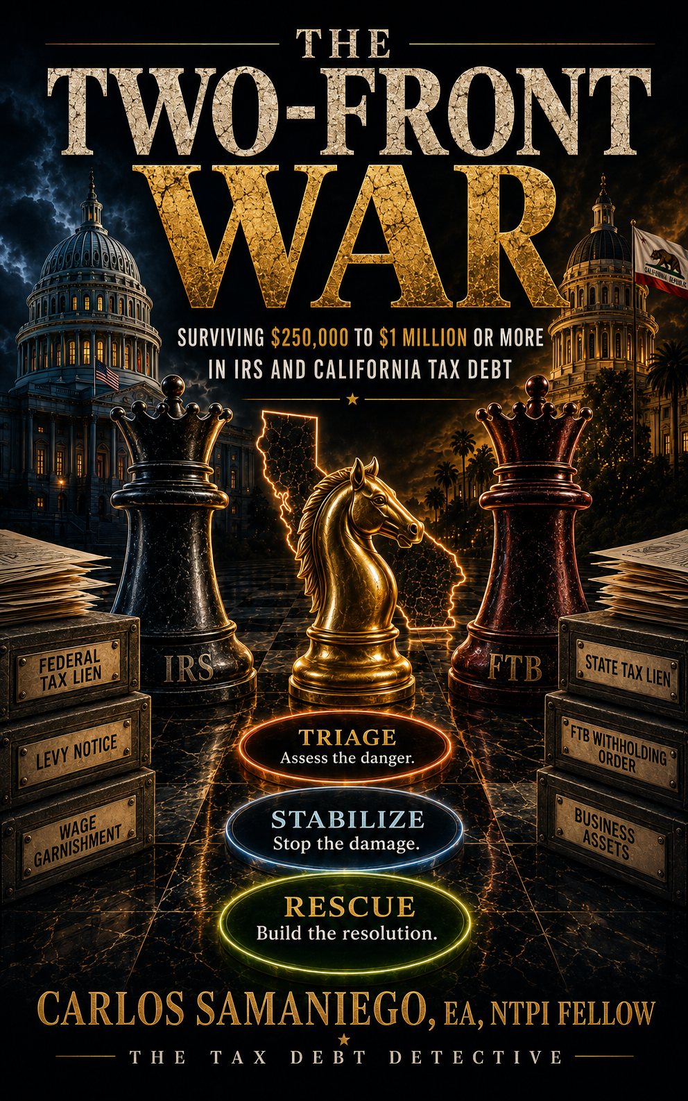 The Two-Front War book cover by Carlos Samaniego, EA, NTPI Fellow — surviving $250,000 to $1 million or more in IRS and California tax debt